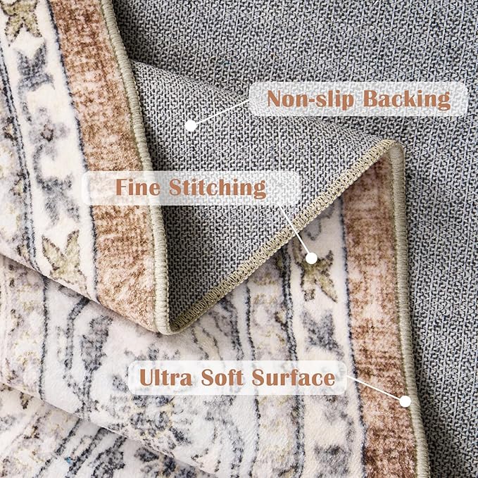 jinchan Round Rug 8ft Washable Circle Soft Rug - Low Pile Vintage 8'Round Indoor Orange Floral Print Stain Resistant Boho Carpet Ultra-Thin Non-Slip for Living Room Bedroom Dining Room Kitchen