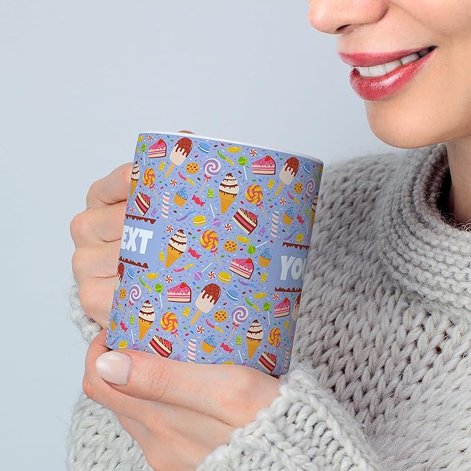 Personalized Mug for Kids - Sweets - Custom Name/Text, Ceramic Hot Chocolate/Cocoa/Coffee Cup for Boys/Girls, Birthday/Christmas/Holiday Gift - 11 oz, Black Handle