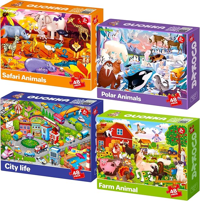 QUOKKA Puzzles for Kids Ages 4-6 – 4 x 48 Pieces Jigsaw Puzzles for Toddlers 2-4 – Children's Game Ages 3-5 for Learning Farm Animals – Educational Preschool Toy for Boys and Girls 4-8 Years Old