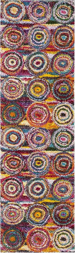 SAFAVIEH Fiesta Shag Collection 2'3" x 8' Multi FSG359M Modern Circles Abstract Non-Shedding Living Room Bedroom Dining Room Entryway Kids Runner Rug