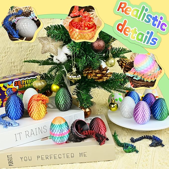 12PCS 3D Printed Dragon Eggs with Dragon Inside, Cool Stuff Fun Gifts, Mini Dragon Egg Set Articulated Crystal Dragon Fidget Toy for Adults Teens Boy Gifts Easter Basket Stuffers