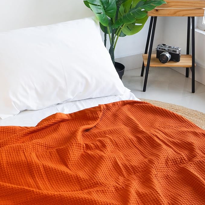 GOTS Certified 100% Organic Cotton Salt Earth Throw Blanket, 90"X 90" Blankets & Throws For Bed, Throw Blanket For Couch,Modern & Cozy Blanket, All Season Waffle Blanket, Soft Blanket (Cinnamon Stick)