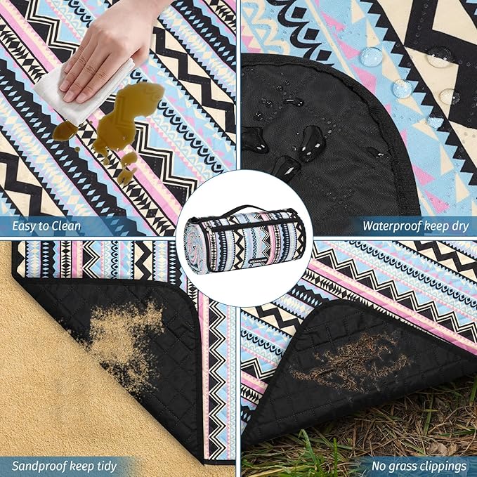Picnic Blankets Extra Large Outdoor - Beach Blanket Waterproof Sandproof with Shoulder Strap, Machine Washable, Picnic Mat with Stakes for Grass Concert, Park.BohoGeometry