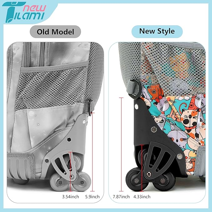 NEW TILAMI Kids 18 inch Rolling Backpack - Durable Waterproof Large Capacity Adjustable Handle Stair Climbing Design for Boys & Girls, Cats Cute