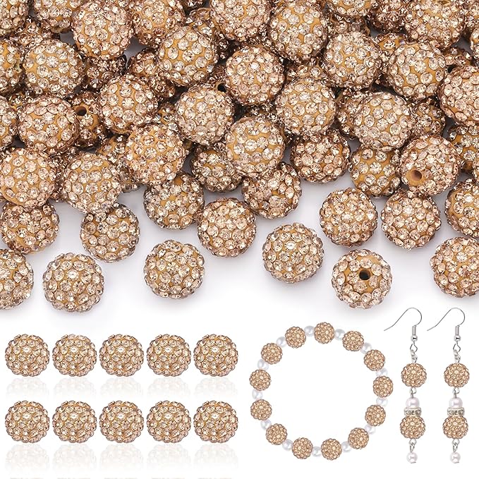 105pcs 10mm Rhinestone Beads for Jewelry Making, Light Brown Shiny Round Disco Ball Beads Bulk, Sparkle Crystal Clay Christmas for Bracelet Baseball Necklace Earring Crafting and DIY