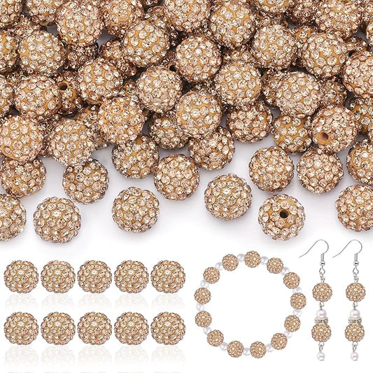 105pcs 10mm Rhinestone Beads for Jewelry Making, Light Brown Shiny Round Disco Ball Beads Bulk, Sparkle Crystal Clay Christmas for Bracelet Baseball Necklace Earring Crafting and DIY