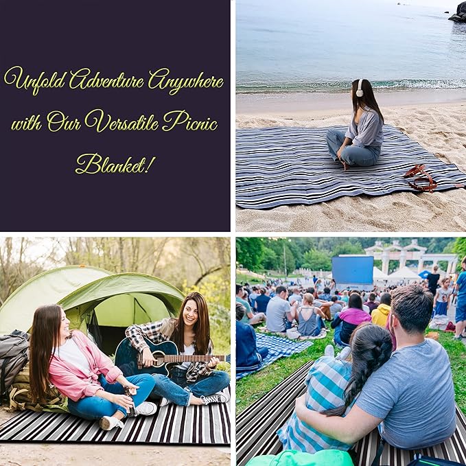 PortableAnd Extra Large Picnic & Outdoor Blanket 3 Layers for Water-Resistant Handy Mat Tote Spring Summer Black and White Striped Great for The Beach,Camping on Grass Waterproof Sandproof