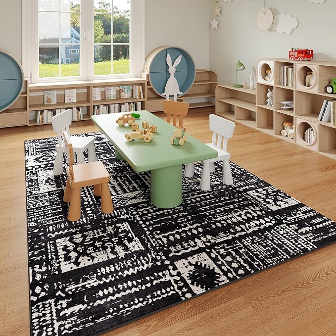 Area Rugs 8x10 Rug for Living Room Clearance Washable Boho Area Rug Non Slip Moroccan Vintage Low Pile Large Rug for Living Room, Bedroom, Farmhouse, Dining Room, Kids Playroom(Black)
