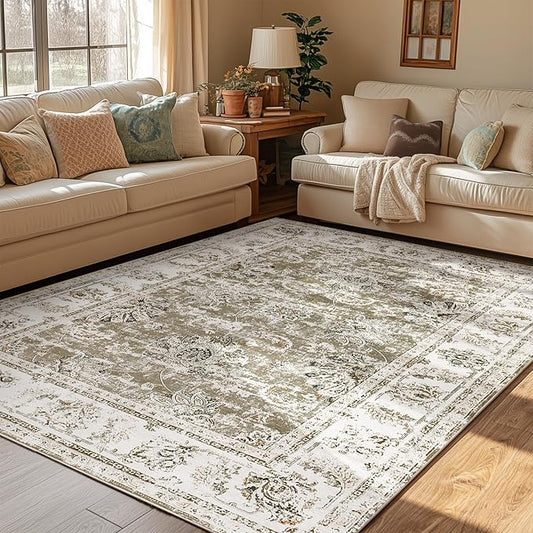 jinchan Vintage Floral 5x7 Area Rugs for Bedroom - Machine Washable Distressed Design Stain Resistant Boho Carpet Ultra-Thin Low Pile Non-Slip Rug for Living Room Dining Room Kitchen (5‘x7',Taupe)