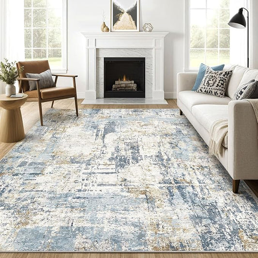 12x15 Area Rugs Washable Rug: Living Room Large Abstract Modern Soft Stain Resistant Indoor Floor Non Slip Accent Carpet for Bedroom Nursery Playroom Office Dining Room Dorm Home House- Blue
