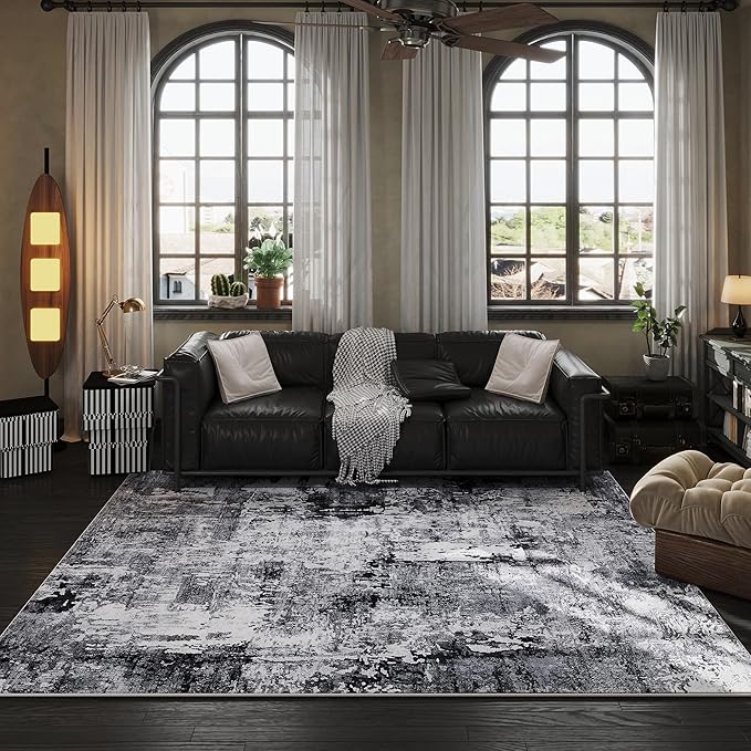 Area Rug 5x7 Washable Rug Boho Soft Abstract Pattern Non-Slip Faux Wool Vintage for Living Room, Bedroom, Farmhouse, Dining Room, Kids Playroom, Grey and Black