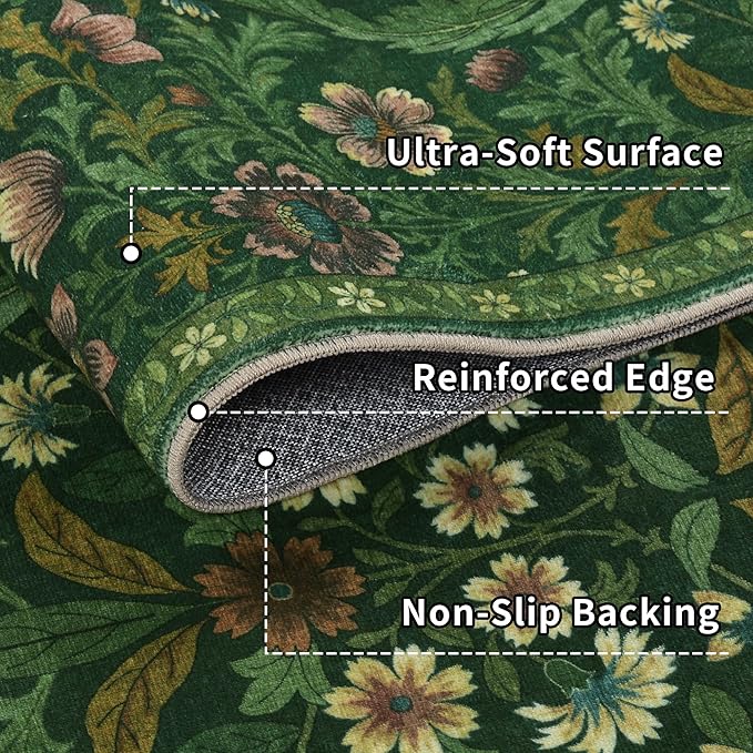 5×7 Dark Green Washable Floral Area Rug,Vintage Boho Soft Low-Pile Living Room Rugs, Stain Resistant Botanical Non-Slip Carpet for Bedroom,Dining Room, Kids Nursery,Home Decor