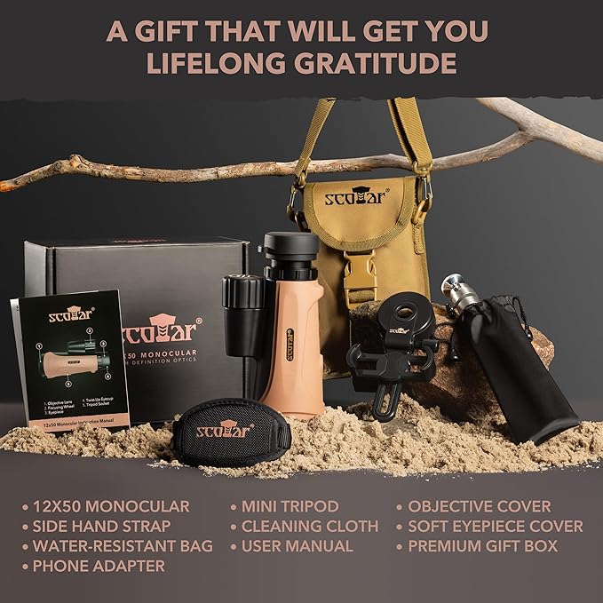 12x50 Monocular Telescope - FMC Fogproof, IP67 Waterproof Hand Held Telescope - BAK4 Phase and Dielectric Coated Prism - Adventure Accessories Set: Bag, Smartphone Adapter, Mini Tripod