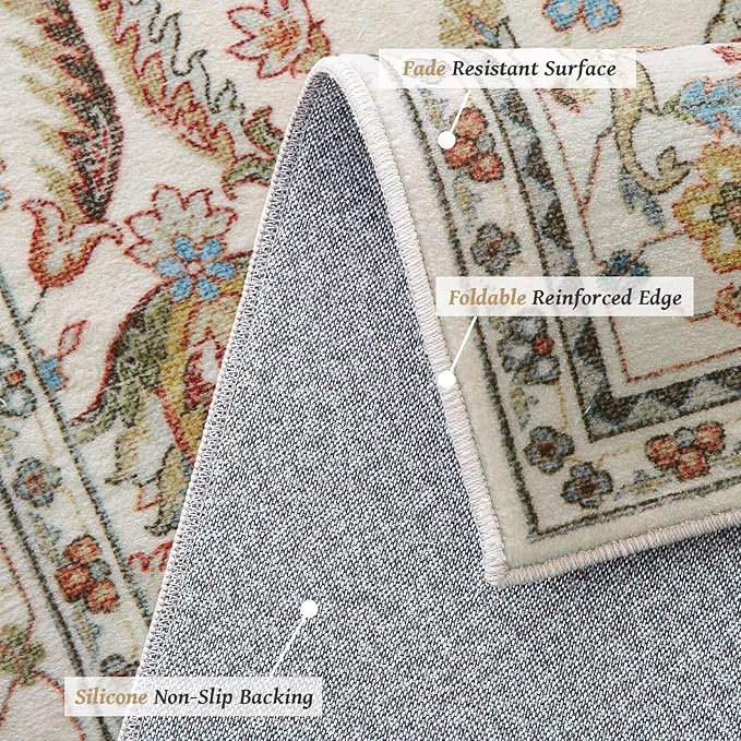 Washable 10x14 Area Rugs for Living Room, Boho Non-Slip Silicone Backing Rugs for Bedroom Dining Room Office, 0.3" Neutral Oriental Throw Carpet with 0.16" Cushioning Pad, Light Beige/Multi