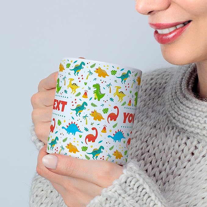 Personalized Mug for Kids - Dinosaurs - Custom Name/Text, Ceramic Hot Chocolate/Cocoa/Coffee Cup for Boys/Girls, Birthday/Christmas/Holiday Gift - 11 oz, Light Blue Handle