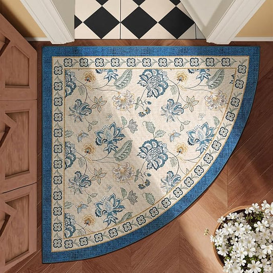 jinchan Floral Corner Rug for Entryway Washable Kitchen Rug Vintage Romance Design Non Slip Quarter Circle Lightweight Low-Pile Throw Carpet for Playroom Reading Nook Nursery, 4ft Radius, Blue/Beige