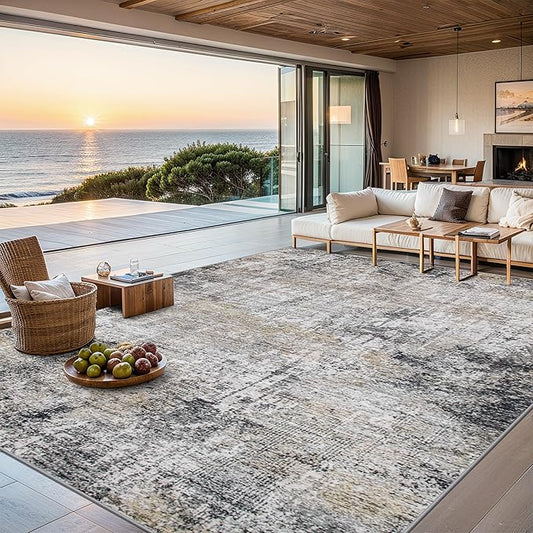 Area Rugs 10x14 Living Room - Washable Rug Modern Abstract Soft Large Neutral Non-Slip Carpet Indoor Floor Thin Carpets for Bedroom Dining Room Farmhouse Nursery Home Office Brown Black Grey