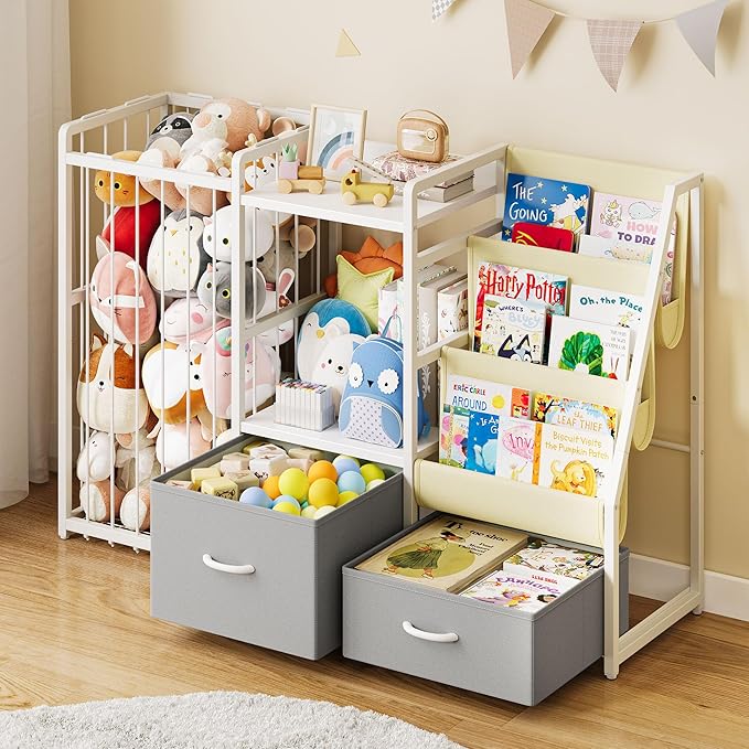 Kids Bookshelf and Toy Storage, Large 3 Tier Book Shelf for Kids Rooms, Sling Baby Bookcase with Stuffed Animal Storage, Toddler Montessori Bookshelf for Nursery, Playroom, Kindergarten
