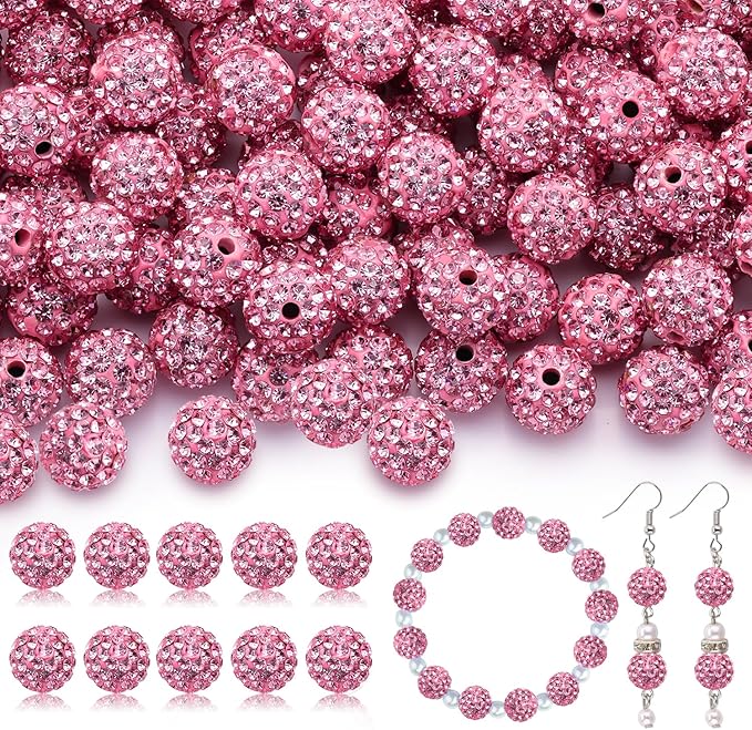 105pcs 10mm Rhinestone Beads for Jewelry Making, Dark Pink Shiny Round Disco Ball Beads Bulk, Sparkle Crystal Clay Christmas for Bracelet Baseball Necklace Earring Crafting and DIY