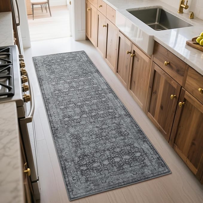 2'6"x8' Washable Runner Rug for Hallway, Non Slip Vintage Floral Long Carpet Runners for Entryway, Kitchen, Bathroom, Bedroom, Low Pile Laundry Rugs with Rubber Backing (Distressed Grey)
