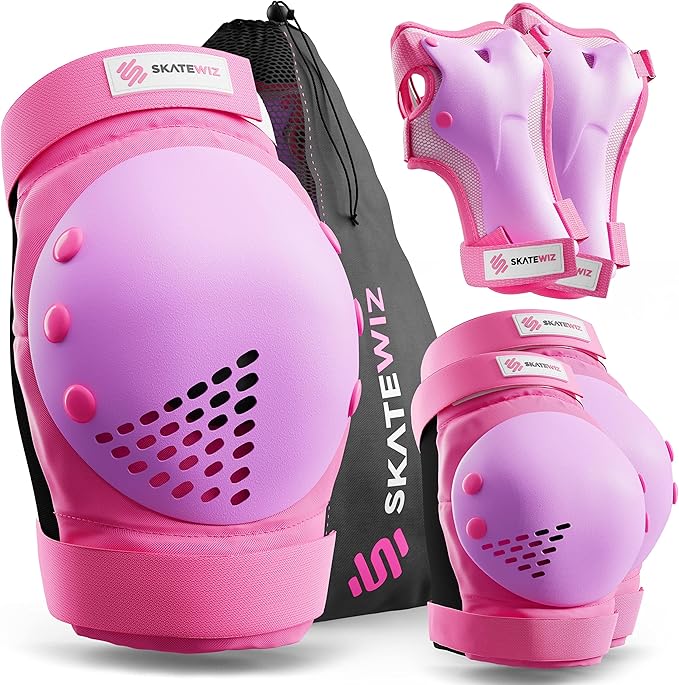 SKATEWIZ Skateboard Pads Protective Gear Set for Kids - Smash - Roller Skate Pads [6pc] - Elbow Pads Roller Derby and Knee Pads Kids Skating with Wrist Guards for Kids and Adults