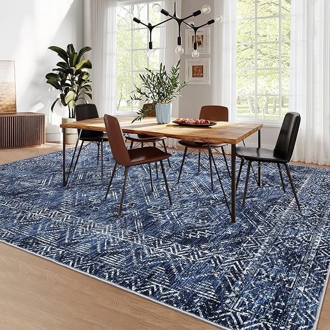 COZYLOOM Bedroom Rug 8x10 Under Bed Machine Washable Area Rugs Modern Abstract Floor Cover with Non Slip Backing Stain-Resistant Geometric Carpet for Nursery, Living Room, Blue