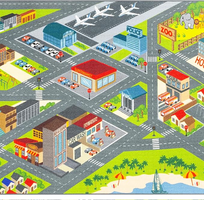 KC Cubs 5x7 City Streets Car Road Rug – Educational Non-Slip Play Mat for Kids, Toddlers, Nursery, Classroom, Playroom, Baby Daycare, Boy Girl Carpet