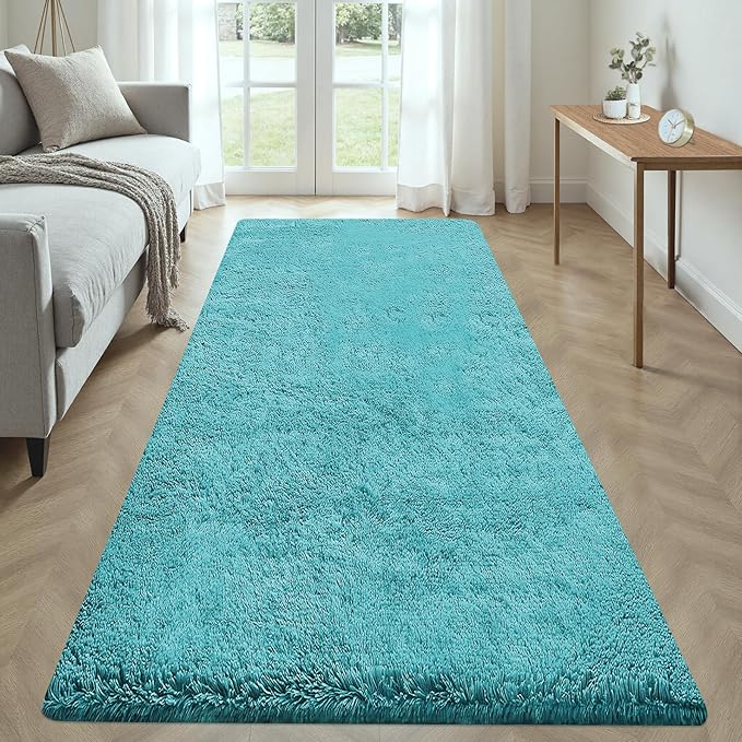 2x6 Runner Rug for Bedroom: Fluffy Shag Soft Washable Rugs Small Fuzzy Plush Indoor Carpet for Hallway Bedside Dorm Kids Girls Boys Room (Teal Blue, 2'x6')