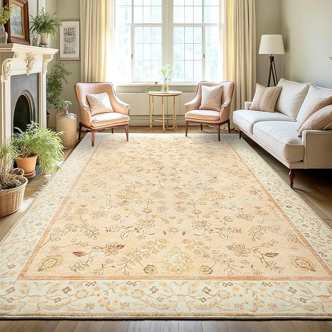 LOCHAS Washable Area Rugs 5x7, Peach Floral Rug for Living Room Bedroom Non Slip, Ultra Soft Vintage Indoor Carpet for Kids, Nursery, Dorm, Dining Room, Classroom, Boho Flower Home Decor, Low-Pile