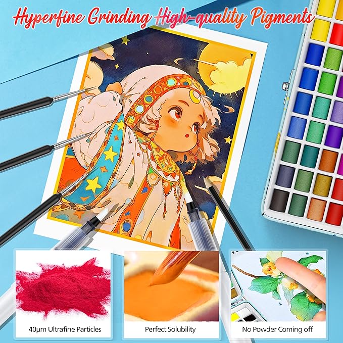 50 Colors Watercolor Paint Set with 6 Brushes, Portable Travel Water Color Kit with Carrying Case, Palette and Accessories, Non-Toxic Art Supplies Gift for Artists Adult Teen Kids Girls Boys