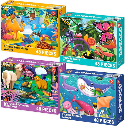 QUOKKA Puzzles for Kids Ages 4-6 – 4 x 48 Pieces Jigsaw Puzzles for Toddlers 3-5 – Toy for Learning Insects, African, Ocean Animals – Educational Game for Boy and Girl 2-4 Year Old - Improved Version