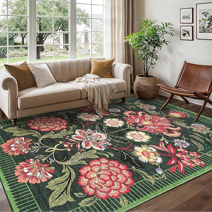 GarveeHome Forest Green Floral Botanical Washable Rugs 5x7 Area Rug for Living Room, Vintage Boho Cottage Throw Rugs Low Pile Carpet for Bedroom Dining Nursery Rug