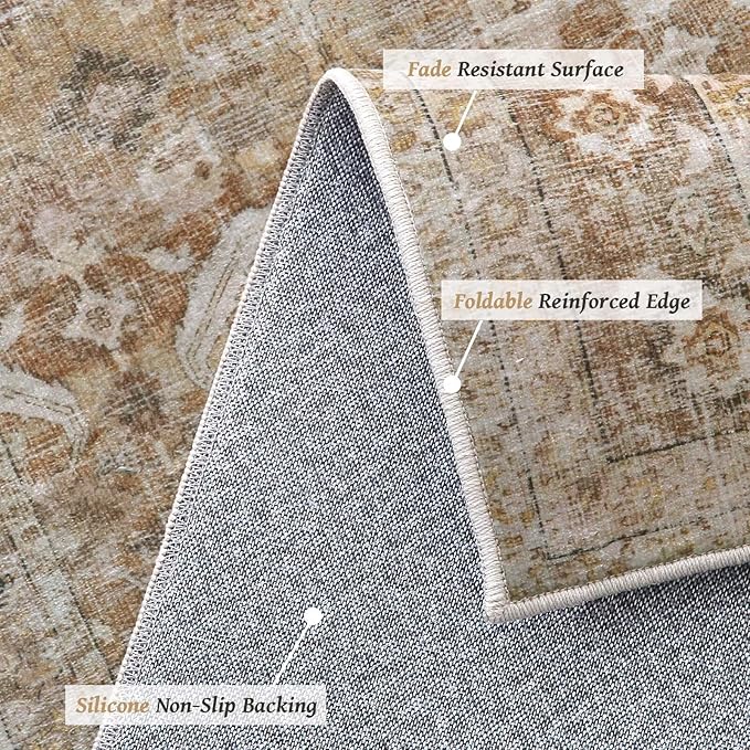 Washable 9x12 Area Rugs for Living Room, Boho Non-Slip Silicone Backing Rugs for Bedroom Dining Room Nursery Office, 0.3" Neutral Oriental Throw Carpet with 0.16" Cushioning Pad, Brown/Multi