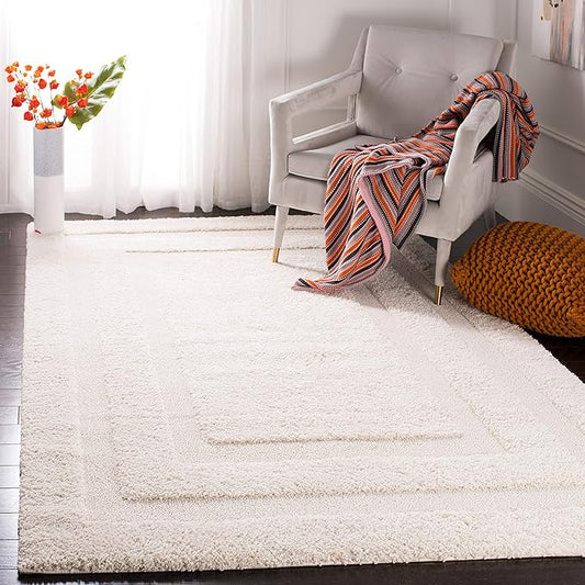 SAFAVIEH Florida Shag Collection Area Rug - 8'6" x 12', Creme & Creme, Border Design, Non-Shedding & Easy Care, 1.2-inch Thick Ideal for High Traffic Areas in Living Room, Bedroom (SG454-1111)