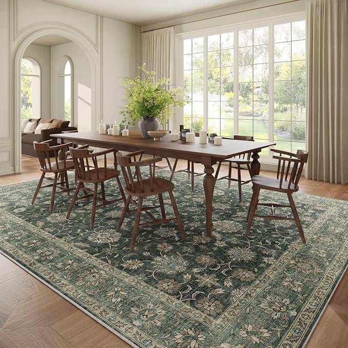 Washable 10x14 Area Rugs for Living Room, Boho Non-Slip Silicone Backing Rugs for Bedroom Dining Room Office, 0.3" Neutral Oriental Throw Carpet with 0.16" Cushioning Pad, Sage Green/Multi