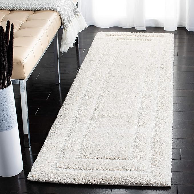 SAFAVIEH Florida Shag Collection Runner Rug - 2'3" x 9', Creme & Creme, Border Design, Non-Shedding & Easy Care, 1.2-inch Thick Ideal for High Traffic Areas in Living Room, Bedroom (SG454-1111)