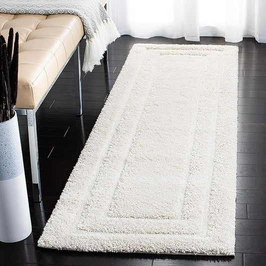 SAFAVIEH Florida Shag Collection Runner Rug - 2'3" x 9', Creme & Creme, Border Design, Non-Shedding & Easy Care, 1.2-inch Thick Ideal for High Traffic Areas in Living Room, Bedroom (SG454-1111)