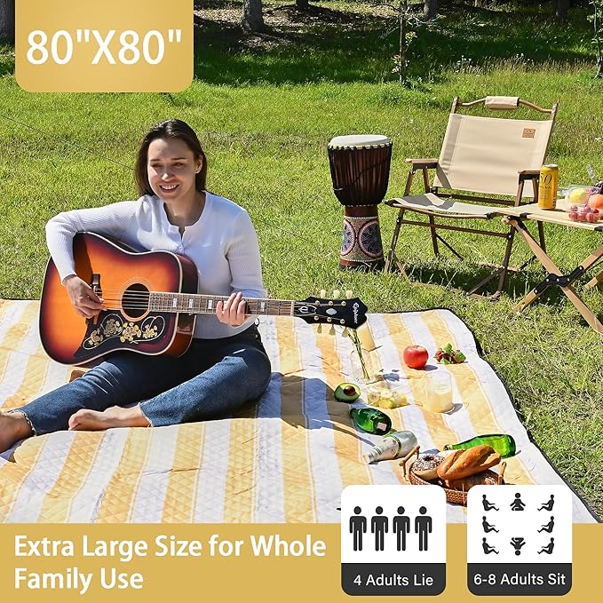 HX&OD Outdoor Picnic Blanket Extra Large, 80''*80'' Waterproof Picnic Mat with Stakes Foldable Camping Blanket Portable with Carry Strap for Beach Mat (Yellow& White, 80''*80'')