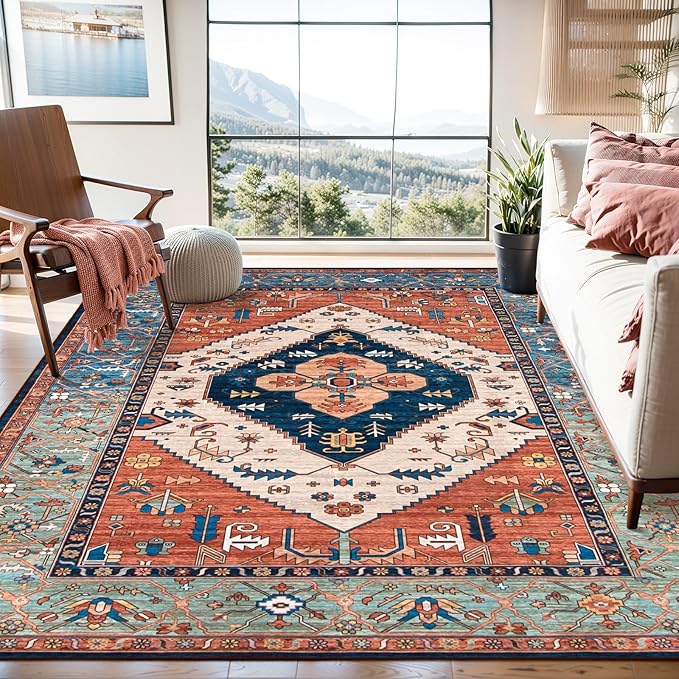 Lahome Area Rugs 9x12 Living Room - Boho Non-Slip Washable Rug Ultra-Thin Stain Resistant Large Carpet Throw Non Shedding Dining Room Mat, Oriental Print Carpet for Bedroom Guest Room (Rust, 9'x12')