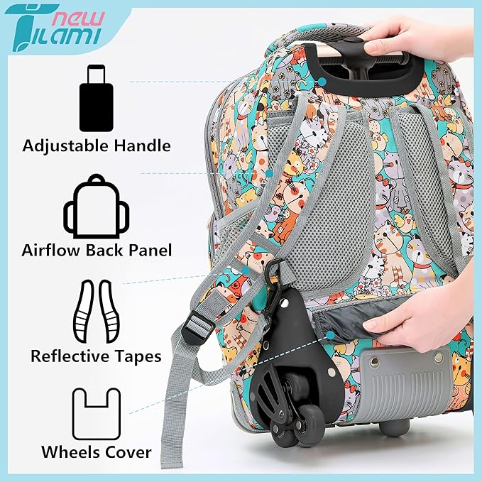 NEW TILAMI Kids 18 inch Rolling Backpack - Durable Waterproof Large Capacity Adjustable Handle Stair Climbing Design for Boys & Girls, Cats Cute