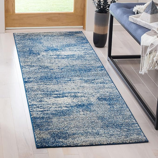 SAFAVIEH Evoke Collection 2'2" x 19' Navy/Ivory EVK272A Modern Abstract Non-Shedding Living Room Bedroom Runner Rug