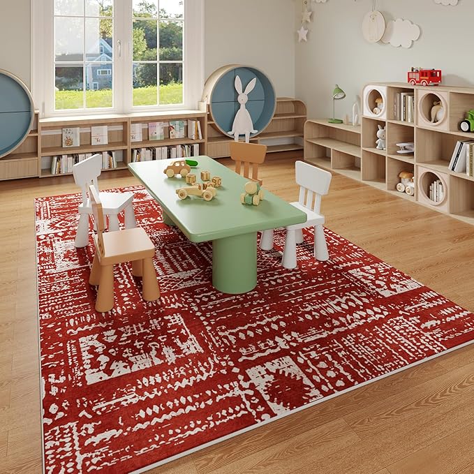 Area Rugs 8x10 Rug for Living Room Clearance Washable Boho Area Rug Non Slip Moroccan Vintage Low Pile Large Rug for Living Room, Bedroom, Farmhouse, Dining Room, Kids Playroom(Terracotta)