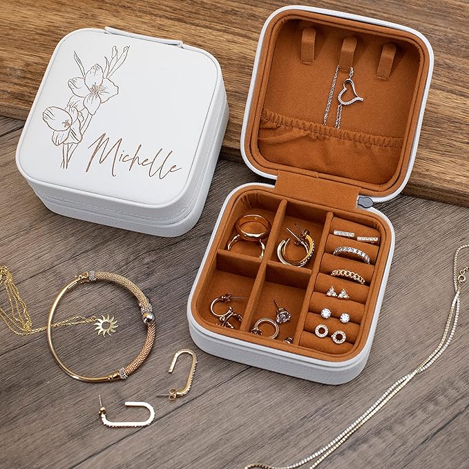 Custom Leather Jewelry Box w/Name & Birth Flower Month - Birthday Gifts for Women, Personalized Jewelry Travel Case - Customized Jewelry Organizer Box, Mom Birthday Gifts - Gray
