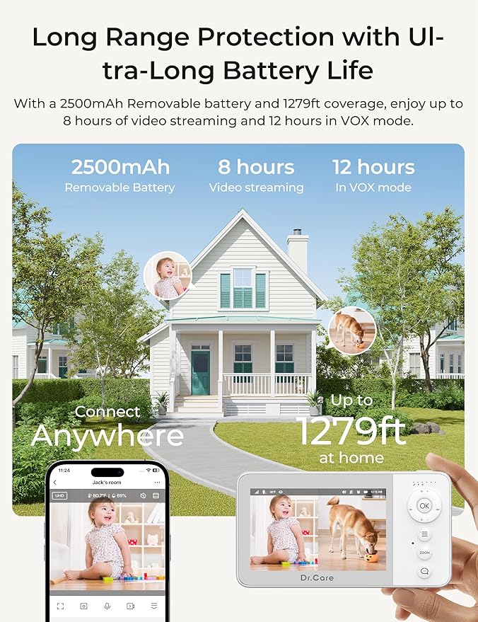 VistaView Lite RB Smart WiFi Baby Monitor - 4” 720P Split Screen & 1080P Camera App Control, Motion Alerts, 2500mAh Removable Battery, HD Night Vision, 2-Way Talk, Multi-User, Triple Security