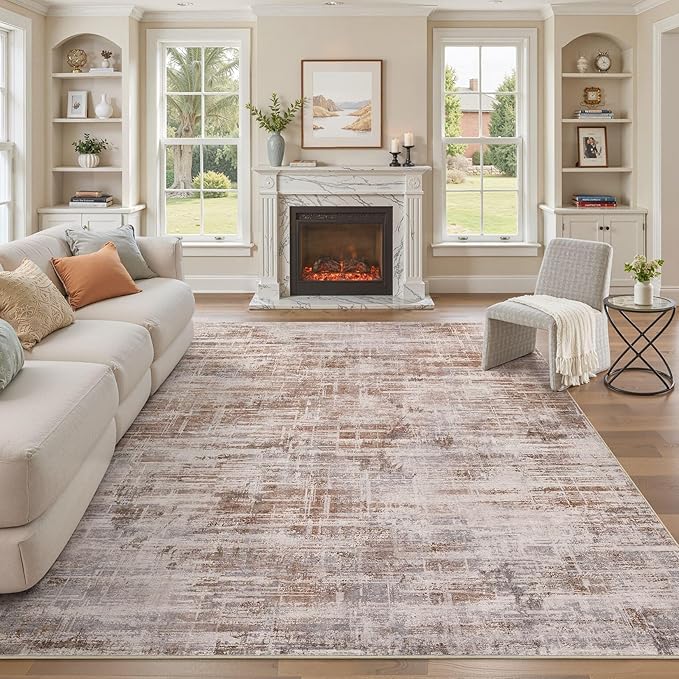 Area Rug for Living Room: 10x14 Washable Neutral Abstract Modern Soft Rugs Non Slip Indoor Floor Stain Resistant Large Carpet for Bedroom Dining Room Office Nursery - Red Brown