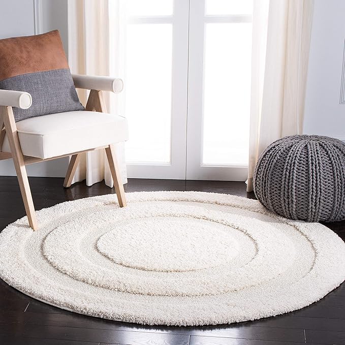 SAFAVIEH Florida Shag Collection 5' Square Cream / Cream SG454 Border Non-Shedding Living Room Bedroom Dining Room Entryway Plush 1.2-inch Thick Area Rug