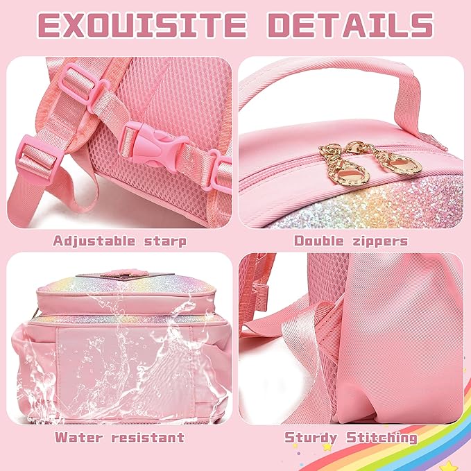 I IHAYNER Kids Glitter Lightweight Backpack for School Travel & Daycare, Toddler Backpack for Girls 3+ Preschool Kindergarten Elementary Kids Backpack-Rainbow Pink J