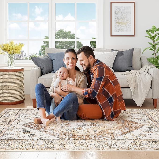 Lahome Washable Living Room Area Rugs 8x10 - Boho Ultra-Thin Non-Slip Bedroom Rug 8x10 Under Bed, Farmhouse Neutral Print Floor Carpet for Dining Room Office (Taupe,8'x10')