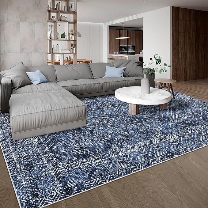 COZYLOOM Washable Area Rugs 10x13 Vintage Non Slip Low Pile Rug Soft Throw Floor Cover Geometric Tribal Foldable Indoor Carpet for Living Room Bedroom Playroom Nursery, Blue