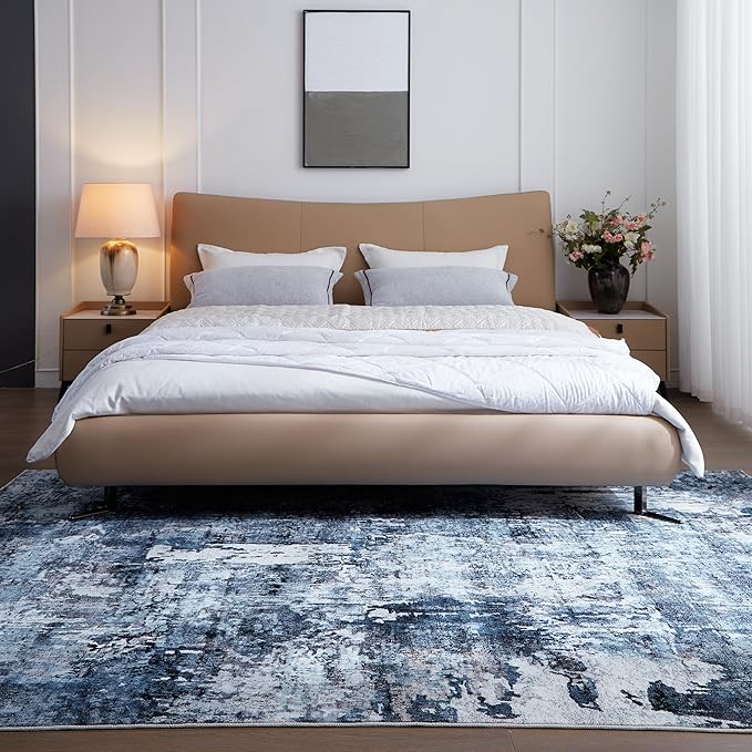 Area Rug 5x7 Washable Rug Boho Soft Abstract Pattern Non-Slip Non-Shedding Faux Wool Vintage for Living Room, Bedroom, Farmhouse, Dining Room, Indoor, Kids Playroom, Blue